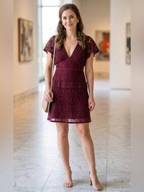 Foxiedox Burgundy Lace Mini Dress V-Neck Flutter Sleeve XS
